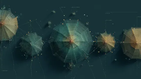 An abstract top-down view of five glowing pentagon segments forming a radar chart on a dark surface, each segment a different subtle shade of teal and gold, data points connected by luminous lines, clean minimal data visualization aesthetic, soft ambient lighting, dark navy background