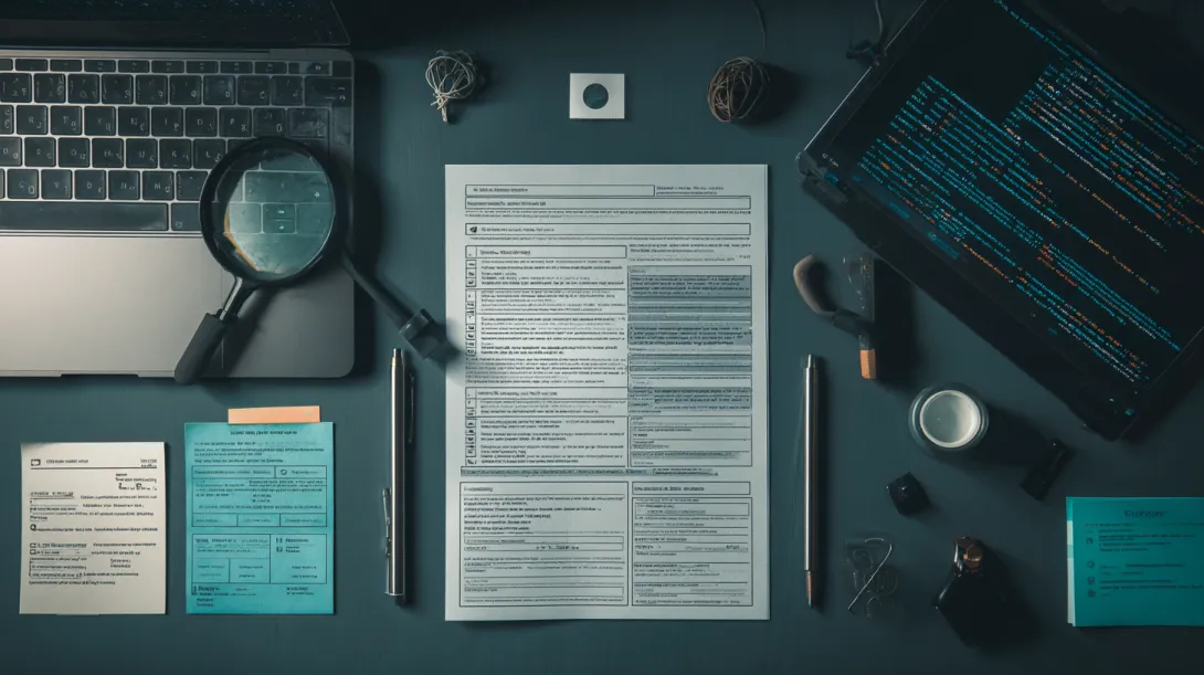 A clean flatlay photograph of a professional checklist document on a dark desk, surrounded by a magnifying glass, a laptop showing server logs, and a pen, soft overhead studio lighting, teal and navy color accent elements, sharp detail, editorial product photography style