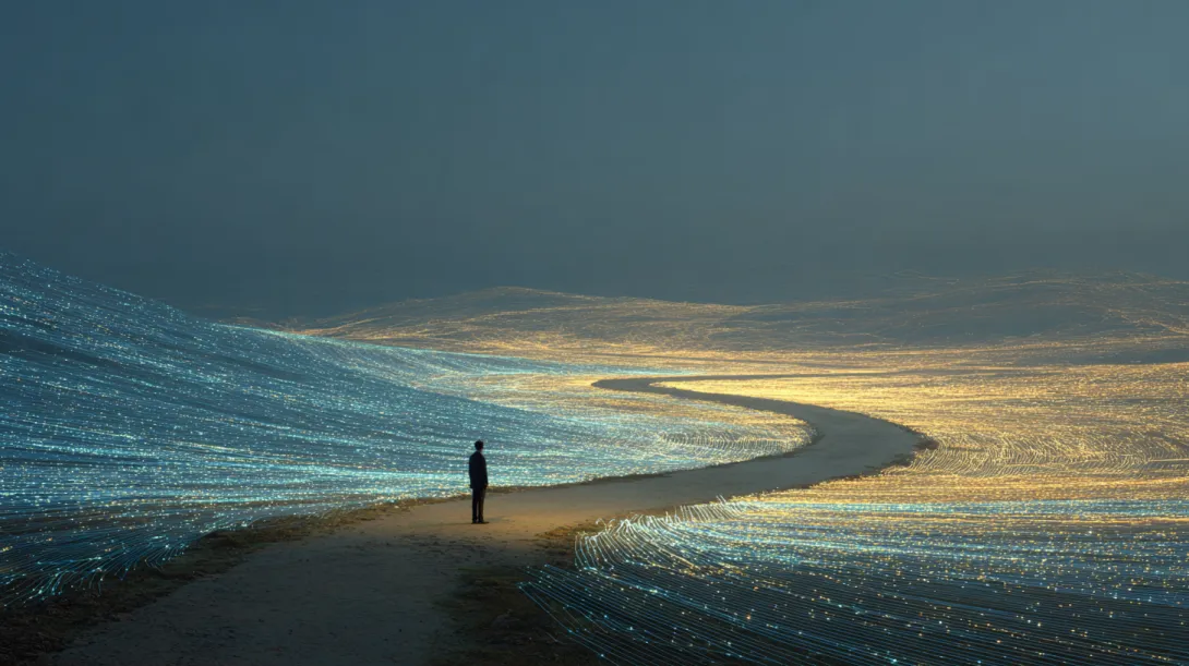A person standing at a crossroads where a traditional path of blue hyperlinks dissolves into streams of flowing luminous text converging into a single bright point of light