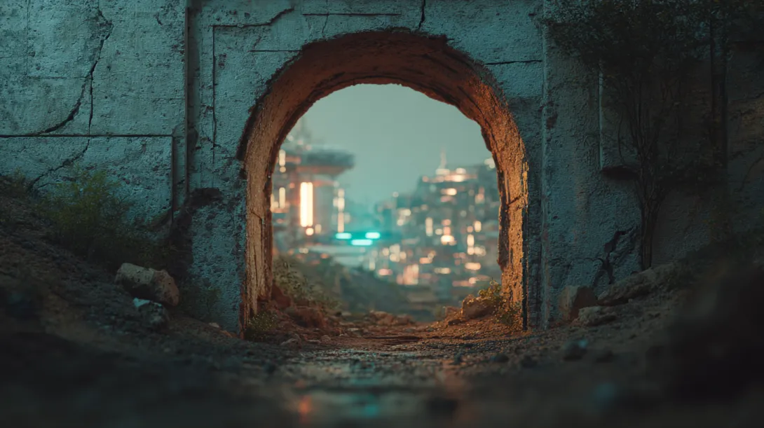 An elegant traditional stone archway with visible cracks, through the archway a futuristic AI neural network landscape glows in the distance, contrast between old weathered architecture and sleek digital future