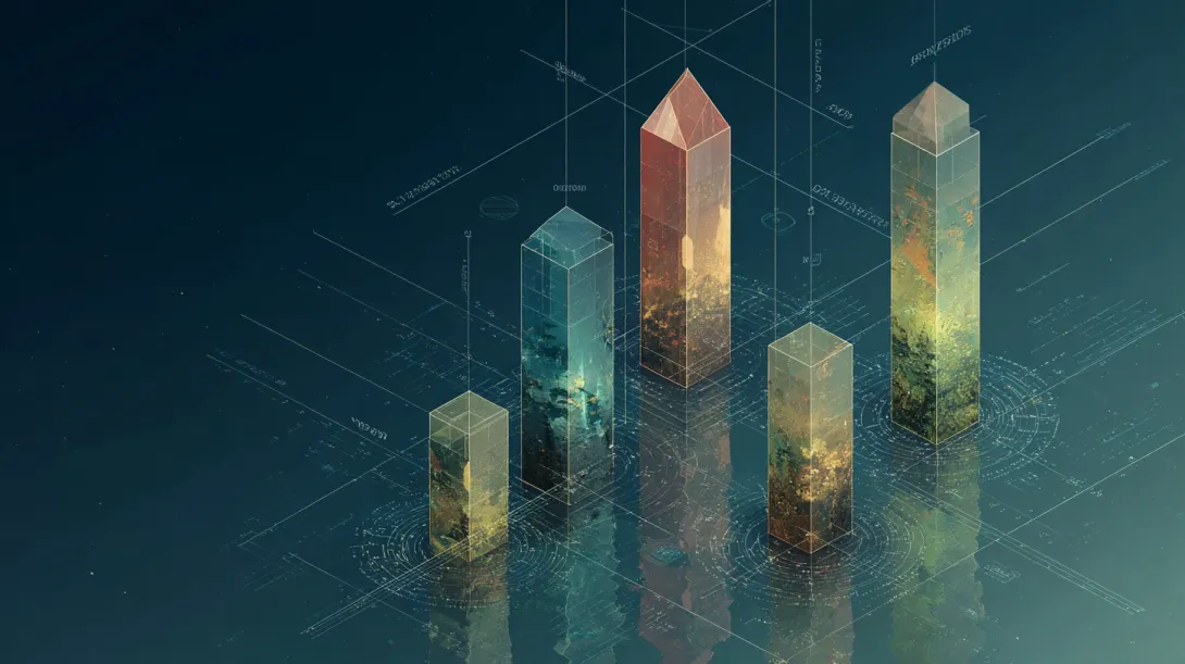 Five interconnected geometric crystal pillars rising from a dark reflective surface, each pillar glowing a different subtle color representing different dimensions, holographic measurement scales and grid lines floating around them